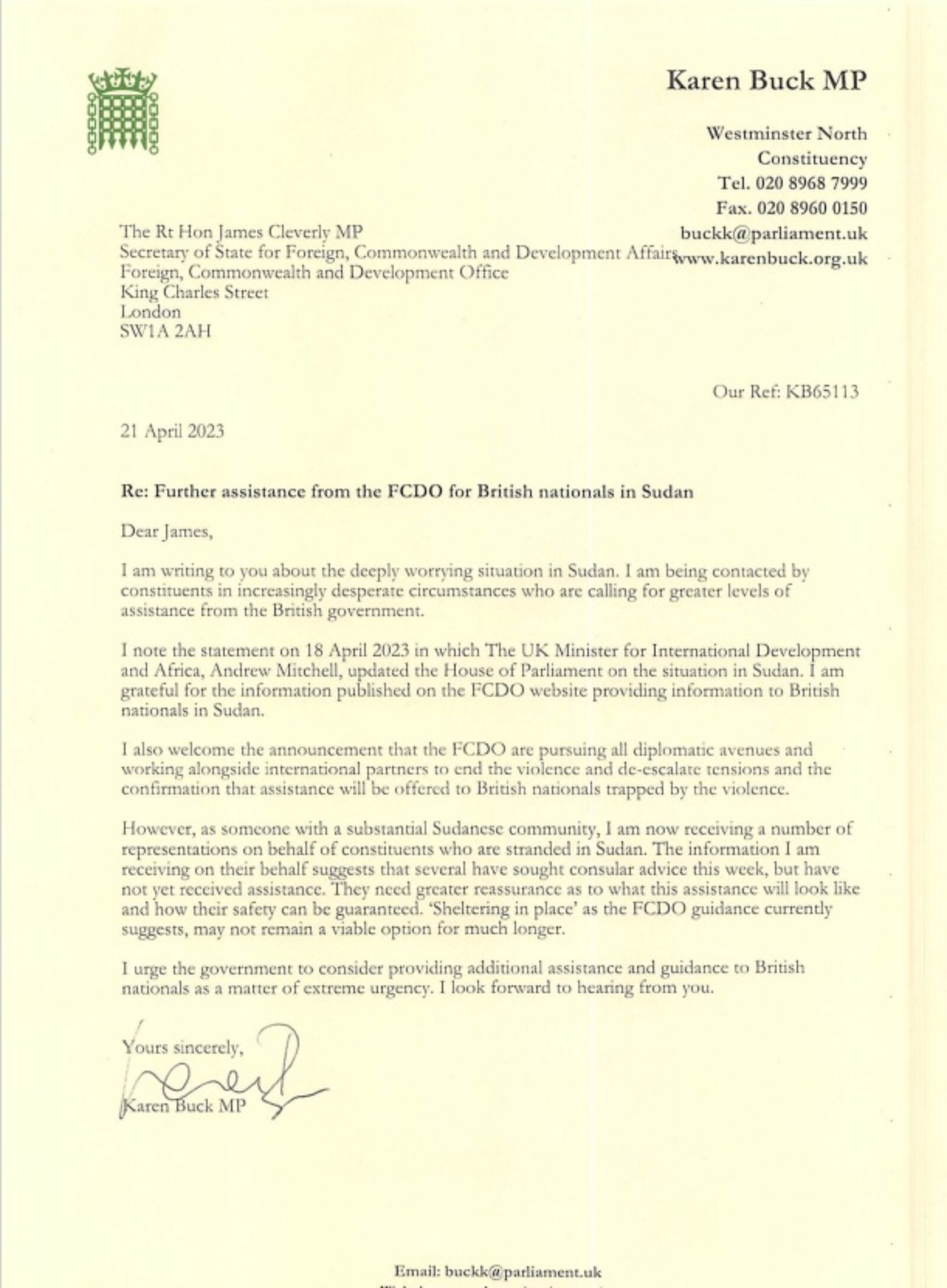 Picture of letter to Foreign Secretary demanding further action from the British Government in Sudan